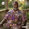 Older man sitting on a porch wearing an Omega Psi Phi Purple Hawaiian Shirt with graphic patterns.
