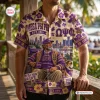 Front view of an Omega Psi Phi purple Hawaiian shirt featuring a city skyline, Greek letters, and floral patterns.