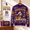 Front view of an Omega Psi Phi purple ugly sweater featuring a bulldog graphic with a Santa hat and presents.
