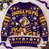 Front view of an Omega Psi Phi purple ugly sweater featuring a bulldog graphic, gifts, and snowflakes.
