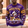 Front view of an Omega Psi Phi Purple Ugly Sweater featuring a bulldog wearing a winter hat and scarf.