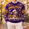 Front view of an Omega Psi Phi Purple Ugly Sweater featuring a bulldog wearing a Santa hat and scarf.