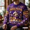 Front view of an Omega Psi Phi Purple Ugly Sweater featuring a bulldog graphic, text, and holiday patterns.