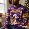 Front view of an Omega Psi Phi purple ugly sweater featuring a bulldog graphic.