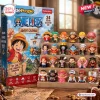 Front view of One Piece Advent Calendar 2026 packaging next to a tiered wooden display holding twenty-four small figures.
