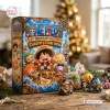 Front view of One Piece Chibi Crew 30th Anniversary Advent Calendar Blind Box packaging on a wooden table.