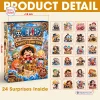 Product detail view of the One Piece Chibi Crew 30th Anniversary Advent Calendar showing box dimensions and collectible figures.