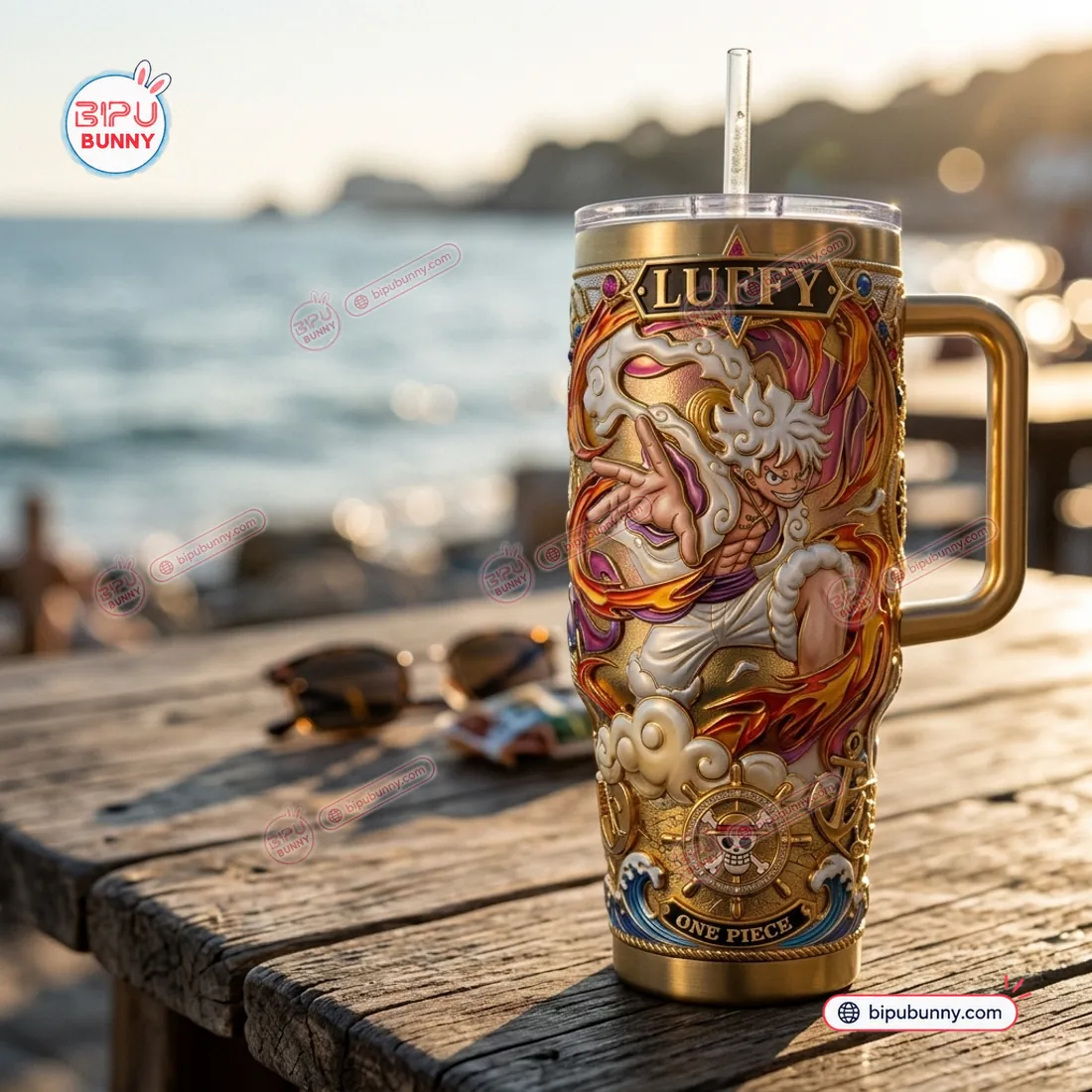 Outdoor view of the One Piece Luffy Gear 5 Gold Tumbler highlighting the awakened Nika relief and Straw Hat ship wheel