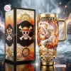 Front view of One Piece Luffy Gear 5 Gold Tumbler next to its matching decorative gift box.