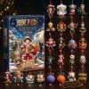 Front view of the One Piece Straw Hat Crew Grand Line 2026 Advent Calendar box alongside numbered holiday figurine ornaments.