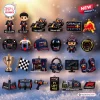 Collection of tiny racing themed charms including figurines and cars for an Oracle Red Bull Racing F1 Advent Calendar.