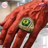 Closeup of a gold Oregon Ducks 132nd Anniversary 1894-2026 Ring worn on a hand.