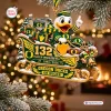 Front view of Oregon Ducks 132nd Anniversary Sleigh Ornament featuring a duck mascot in a gold and green sleigh.