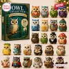Front view of an Owl Collection Advent Calendar box alongside 24 unique acrylic owl figurines displayed on a surface.