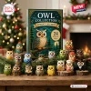 Front view of an owl collection advent calendar with twenty four acrylic figurines on a table.