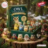 Front view of Owl Collection Advent Calendar box with assorted colorful acrylic owl figurines displayed on a tree stump.