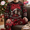 Front view of an Ozzy Osbourne Crazy Train Christmas Sweater and Jogger Set featuring red and black holiday patterns.