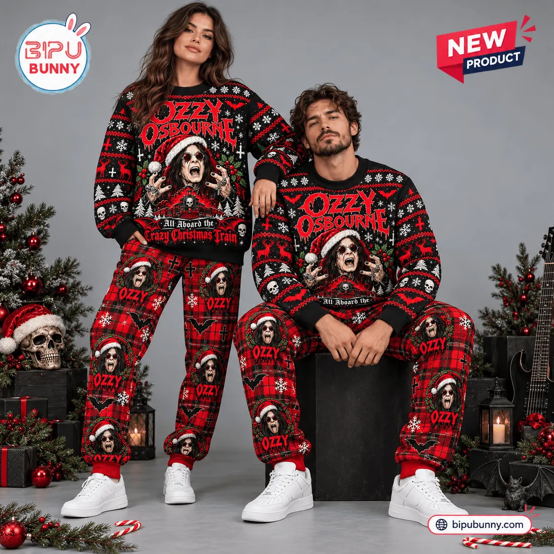 Couple wearing matching Ozzy Osbourne Crazy Train Christmas sweater and jogger sets