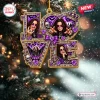 Front view of an Ozzy Osbourne Purple Love Christmas Ornament featuring purple glitter, skulls, and portraits inside letters spelling love.