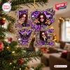 Front view of an Ozzy Osbourne Purple Love Christmas Ornament hanging on a pine branch with purple rock imagery.