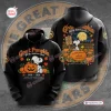 Front and back view of a black hoodie featuring anniversary graphics with cartoon characters and pumpkins.