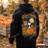 Back view of a person wearing a black hoodie with a pumpkin patch graphic and Great Pumpkin 60th Anniversary text.