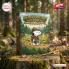 Front three-quarter view of the Peanuts Snoopy Beagle Scout 2026 Advent Calendar box resting on a mossy tree stump in a forest.