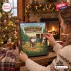 Woman opening a door on a Beagle Scout 2026 Advent Calendar near a Christmas tree.