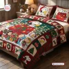 Front view of Peanuts Snoopy Christmas Quilt Bedding Set on a wooden bed in a holiday-decorated room.