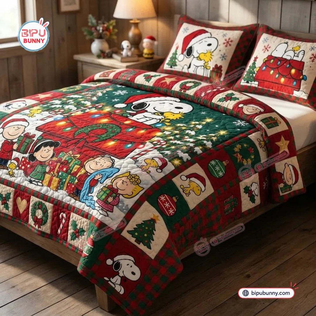 Angled bedroom view of the Peanuts Snoopy Christmas Quilt Bedding Set showing quilted stitch texture and red-and-green plaid patchwork borders