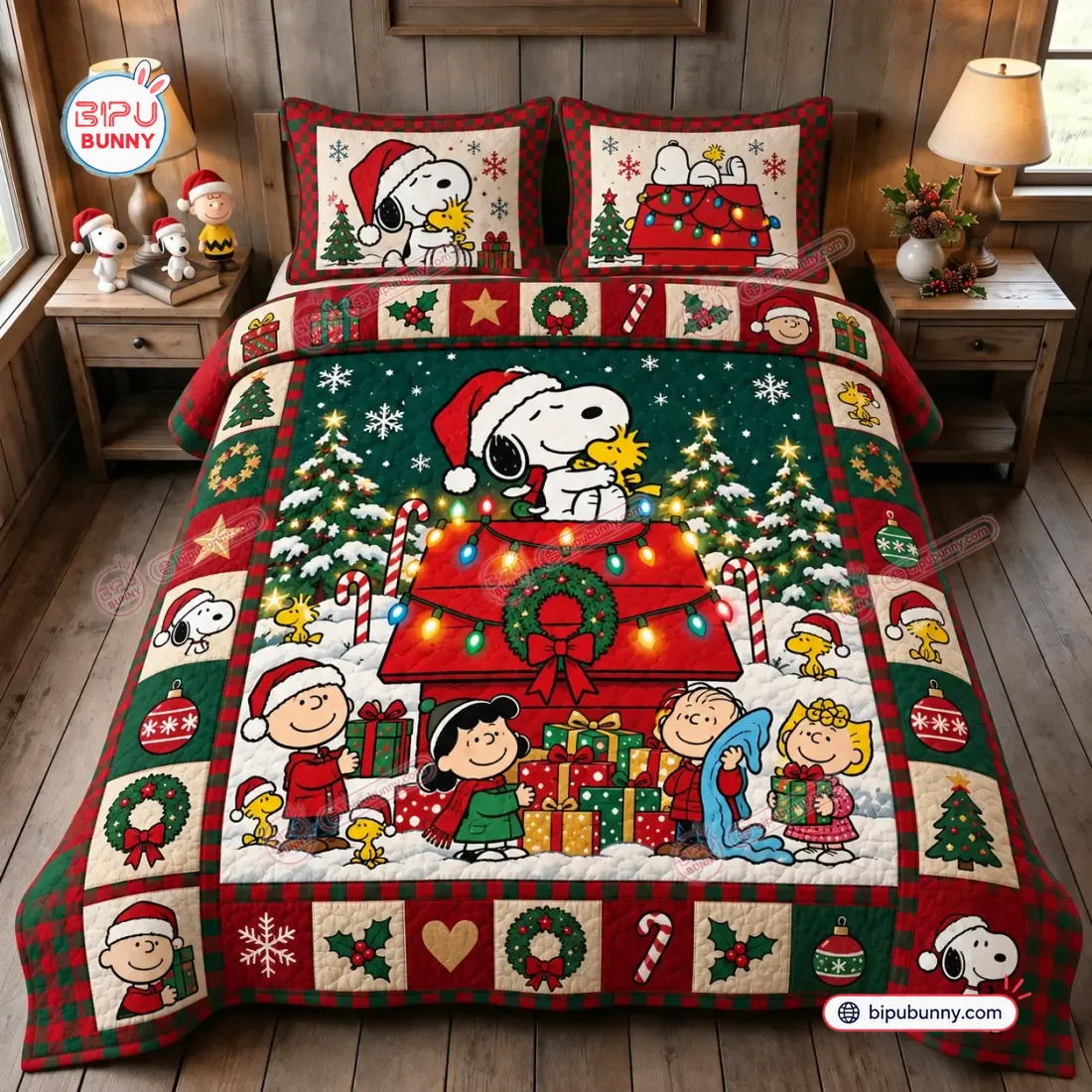 Top-down bedroom view of the Peanuts Snoopy Christmas Quilt Bedding Set with two matching pillow shams on a wooden bed frame