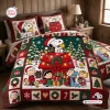 Front view of Peanuts Snoopy Christmas Quilt Bedding Set featuring cartoon characters and holiday trees.