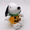 Front view of a white plush puppy toy emerging from a small orange jack o lantern pumpkin.