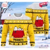 Front and back view of a yellow Peanuts Snoopy ugly Christmas sweater featuring Snoopy on a red doghouse.