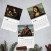 Top down view of the Pedro Pascal Renaissance Masterpieces 2027 Wall Calendar showing October, November, and December pages.
