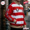 Side angle view of the Pennywise Red Balloon Horror Varsity Jacket featuring red and white stripes and text on the sleeve.