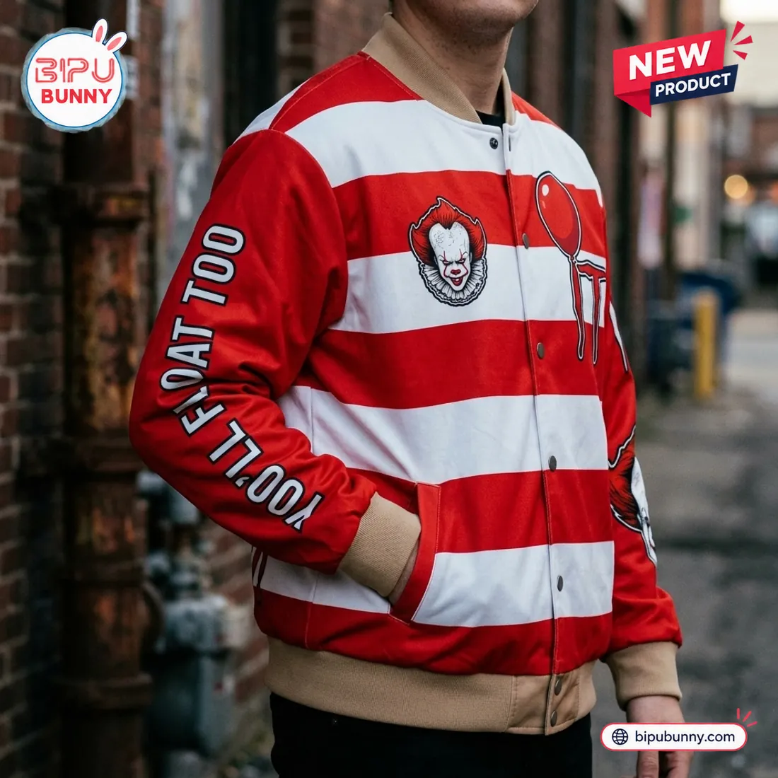 Side angle view of the Pennywise Red Balloon Horror Varsity Jacket featuring red and white stripes and text on the sleeve.