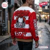 Rear view of Pennywise Red Balloon Horror Varsity Jacket featuring red and white stripes and spooky text.