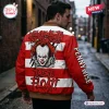 Back view of the Pennywise Red Balloon Horror Varsity Jacket featuring red and white stripes and text.