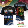 Front and back views of a black Juneteenth Black History Month Hoodie featuring fraternity text and patterns.