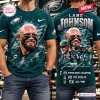 Front and back view of a Philadelphia Eagles Lane Johnson football shirt in green featuring player graphics.
