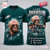 Front and back view of a green Philadelphia Eagles Lane Johnson football shirt with player graphics.