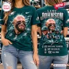 Front and back views of a dark green Philadelphia Eagles Lane Johnson football shirt with player graphics.