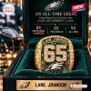 Closeup of the Philadelphia Eagles Lane Johnson retirement championship ring inside a green display box.