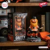 Front view of Philadelphia Flyers Gritty vinyl figure standing next to its branded box on a wooden shelf.