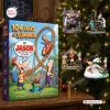 Front view of Phineas and Ferb Advent Calendar Blind Box next to hanging holiday ornaments.