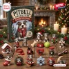 Front view of a Pitbull Dog Characters Christmas Advent Calendar box with miniature figurines displayed on wood.