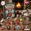 Front view of Pitbull Dog Characters Christmas Advent Calendar box with 24 holiday figurines displayed on a wooden table.