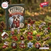 Front view of Pitbull Dog Characters Christmas Advent Calendar box with miniature acrylic ornaments on moss.