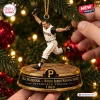 Close-up of a Pittsburgh Pirates Bill Mazeroski Christmas Ornament hanging on a pine tree.